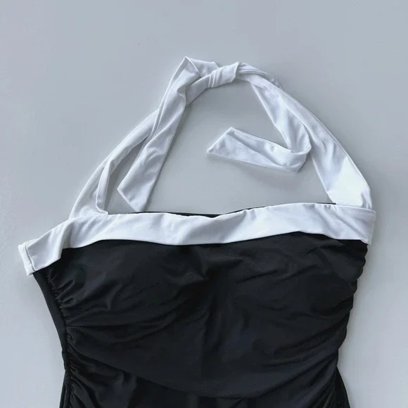 Lauren Ralph Lauren Women Swimsuit Sz 12 Black White Halter Skirted Ruched 1 Pc - Picture 4 of 15